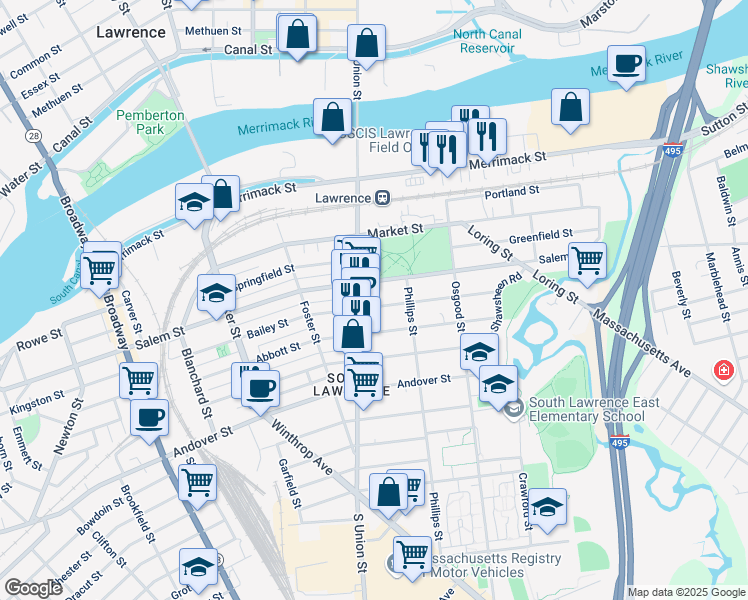 map of restaurants, bars, coffee shops, grocery stores, and more near 82 Salem Street in Lawrence