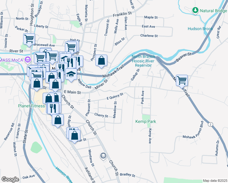 map of restaurants, bars, coffee shops, grocery stores, and more near 406 East Main Street in North Adams