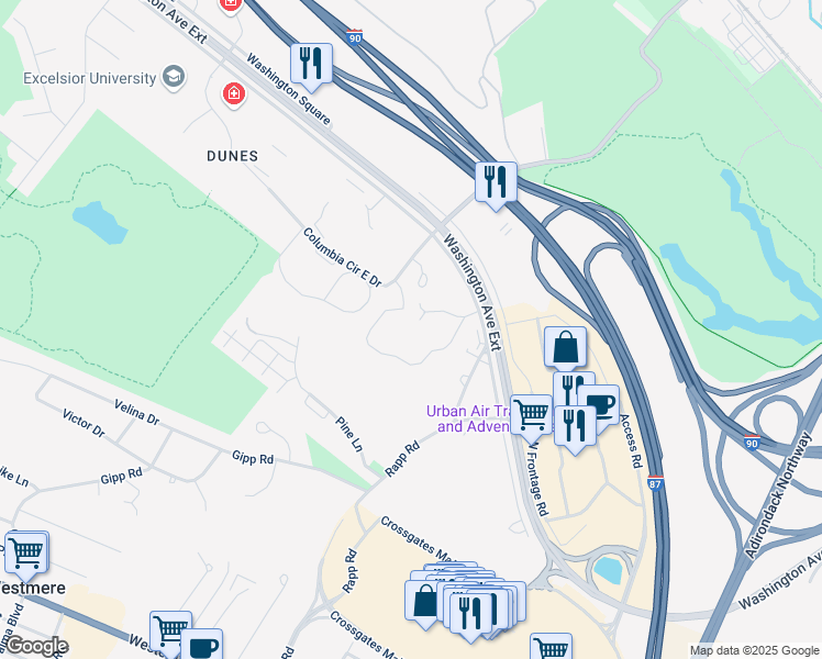 map of restaurants, bars, coffee shops, grocery stores, and more near 180 Washington Avenue Extension in Albany