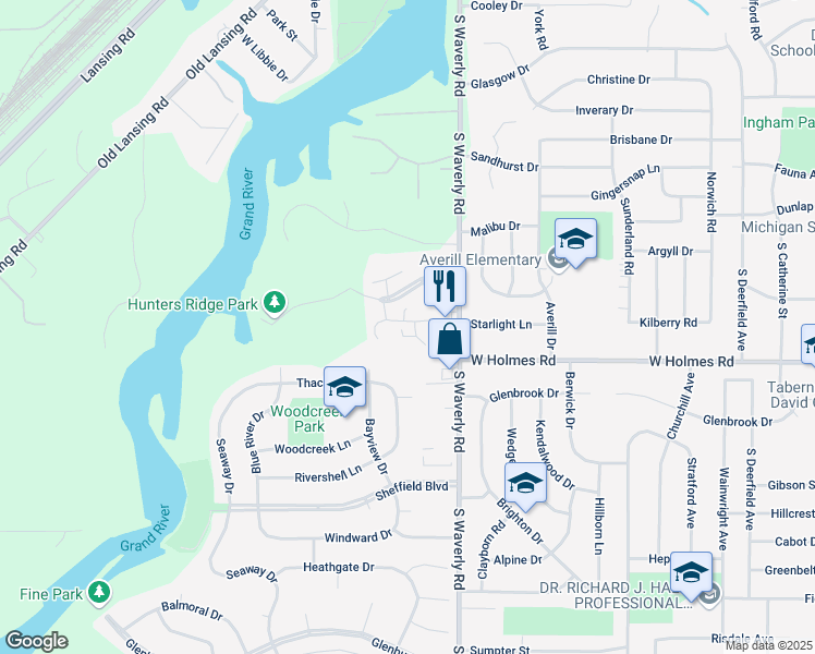 map of restaurants, bars, coffee shops, grocery stores, and more near 3935 Hunters Ridge Drive in Lansing