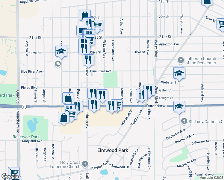 map of restaurants, bars, coffee shops, grocery stores, and more near 3523 Pierce Boulevard in Racine