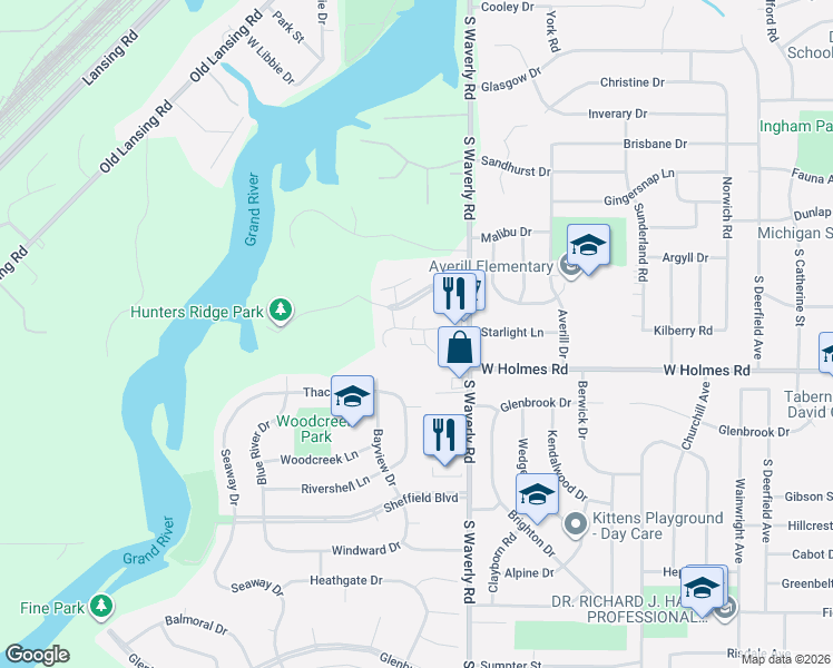 map of restaurants, bars, coffee shops, grocery stores, and more near 3965 Hunters Ridge Drive in Lansing