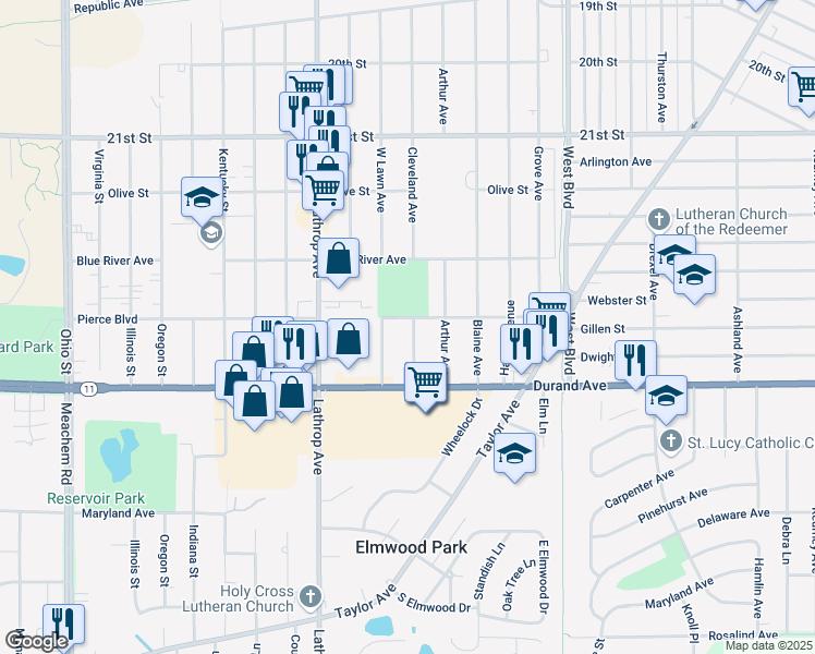 map of restaurants, bars, coffee shops, grocery stores, and more near 3523 Pierce Boulevard in Racine