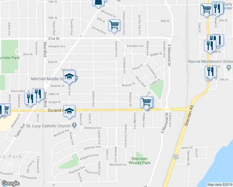 map of restaurants, bars, coffee shops, grocery stores, and more near 2301 Gillen Street in Racine