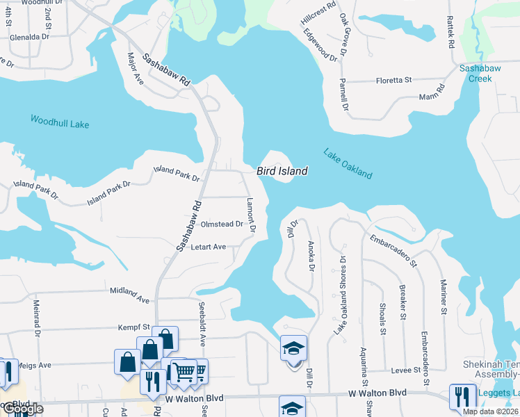 map of restaurants, bars, coffee shops, grocery stores, and more near 4116 Lamont Drive in Waterford Township