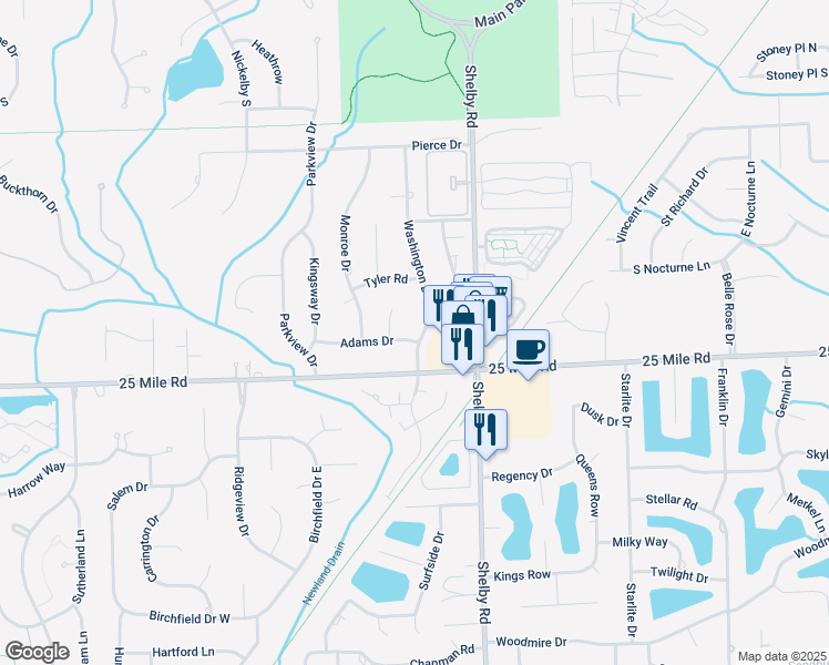 map of restaurants, bars, coffee shops, grocery stores, and more near 55120 Washington Drive in Macomb County