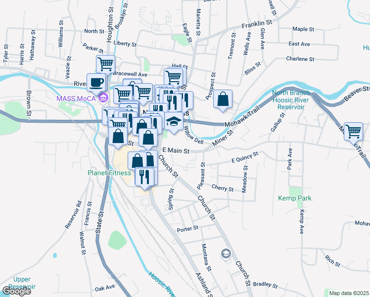 map of restaurants, bars, coffee shops, grocery stores, and more near 205 Main Street in North Adams