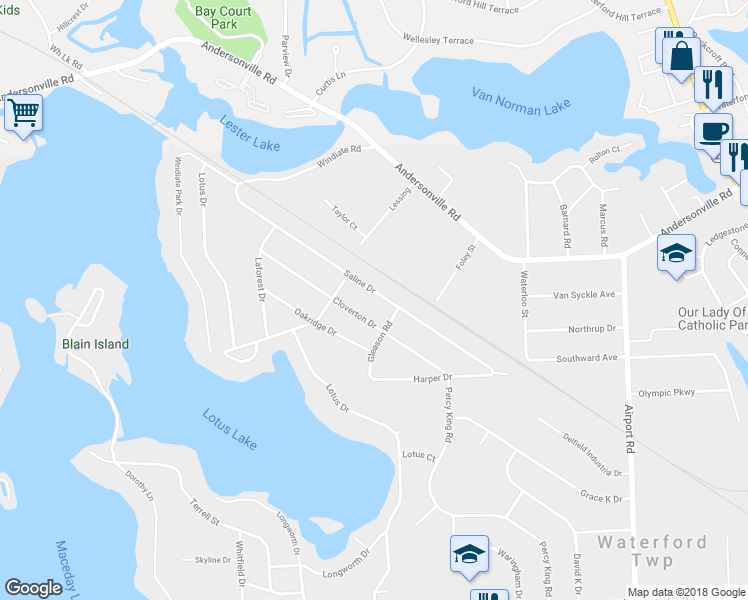 map of restaurants, bars, coffee shops, grocery stores, and more near 6559 Saline Drive in Waterford Township