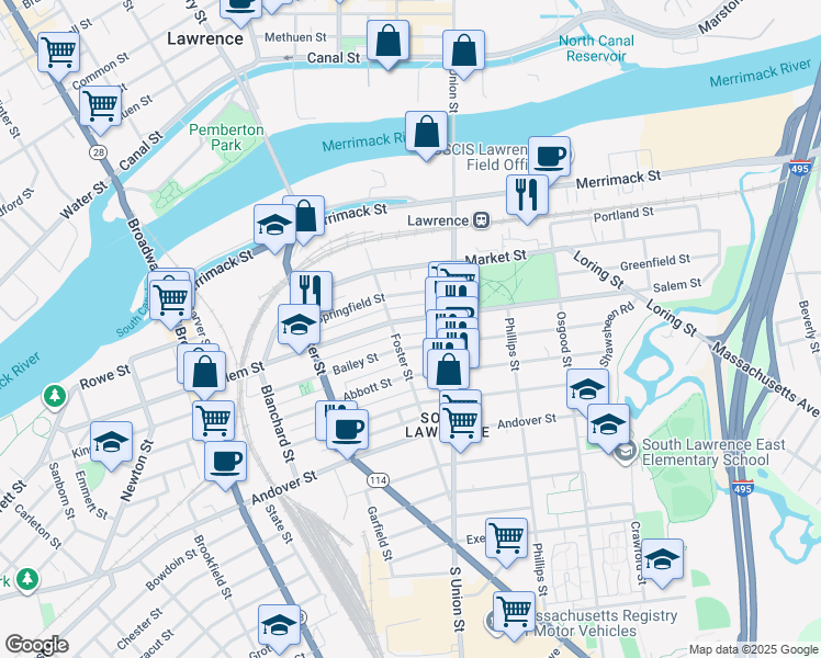 map of restaurants, bars, coffee shops, grocery stores, and more near 98 Salem Street in Lawrence