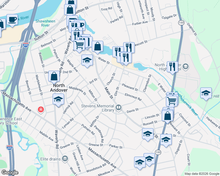 map of restaurants, bars, coffee shops, grocery stores, and more near 46 Elm Street in North Andover