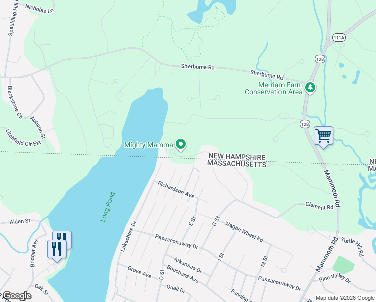 map of restaurants, bars, coffee shops, grocery stores, and more near 108 Clement Road in Dracut