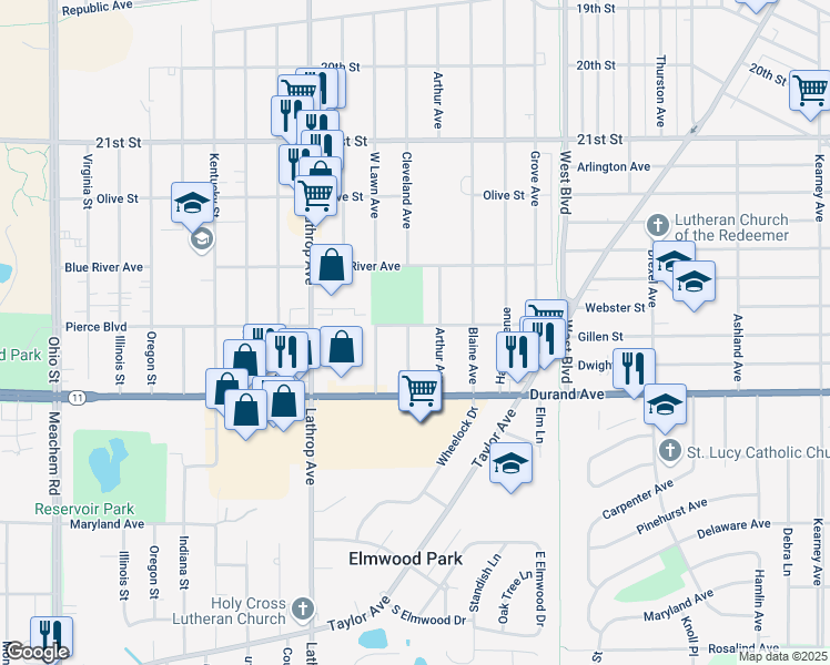map of restaurants, bars, coffee shops, grocery stores, and more near 3523 Pierce Boulevard in Racine