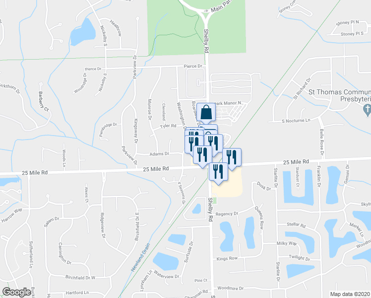 map of restaurants, bars, coffee shops, grocery stores, and more near 55108 Washington Drive in Shelby charter Township