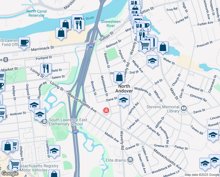 map of restaurants, bars, coffee shops, grocery stores, and more near 261 Middlesex Street in North Andover