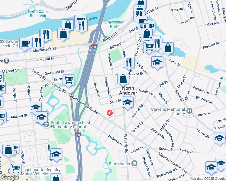 map of restaurants, bars, coffee shops, grocery stores, and more near 261 Middlesex Street in North Andover