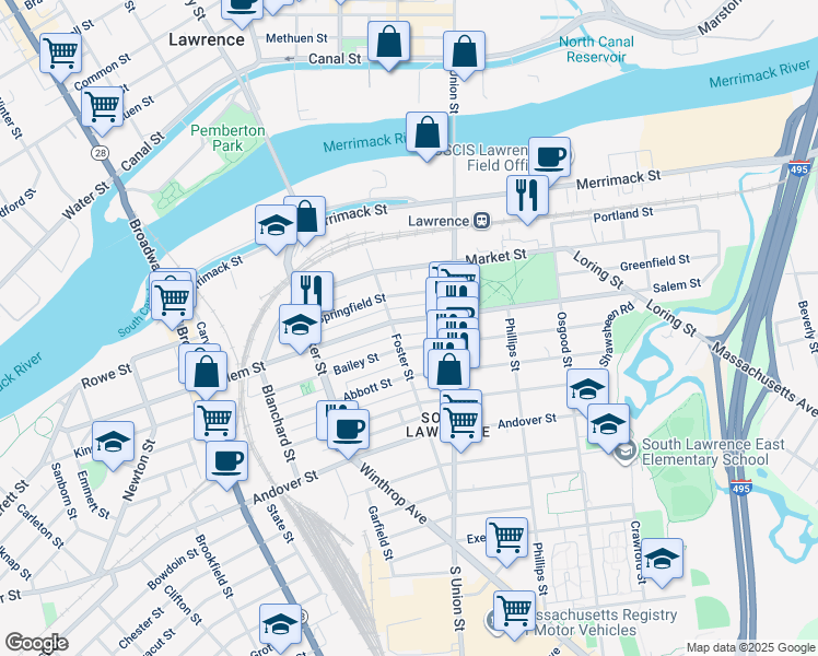 map of restaurants, bars, coffee shops, grocery stores, and more near 81 Salem Street in Lawrence