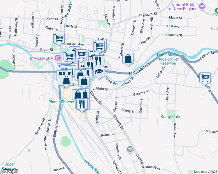 map of restaurants, bars, coffee shops, grocery stores, and more near 205 Main Street in North Adams