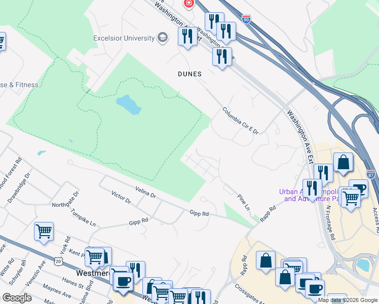 map of restaurants, bars, coffee shops, grocery stores, and more near 40 Pine Lane in Albany