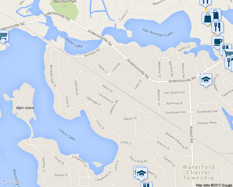 map of restaurants, bars, coffee shops, grocery stores, and more near 6436 Saline Drive in Waterford Township