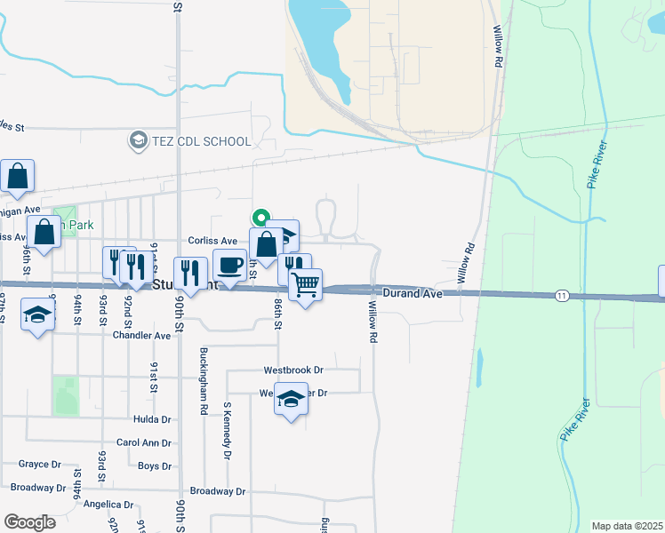 map of restaurants, bars, coffee shops, grocery stores, and more near 2761 West Pebble Circle in Sturtevant