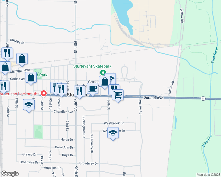 map of restaurants, bars, coffee shops, grocery stores, and more near 8500 Durand Avenue in Sturtevant