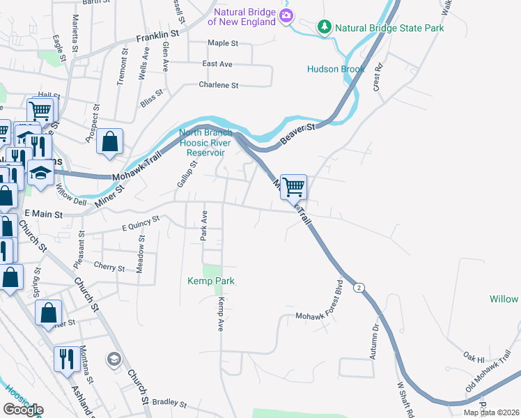 map of restaurants, bars, coffee shops, grocery stores, and more near 571 East Main Street in North Adams