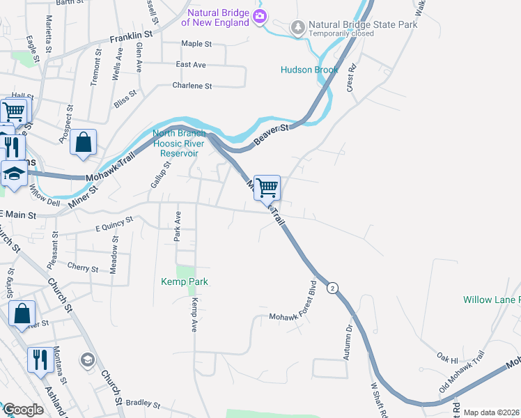 map of restaurants, bars, coffee shops, grocery stores, and more near 573-649 East Main Street in North Adams