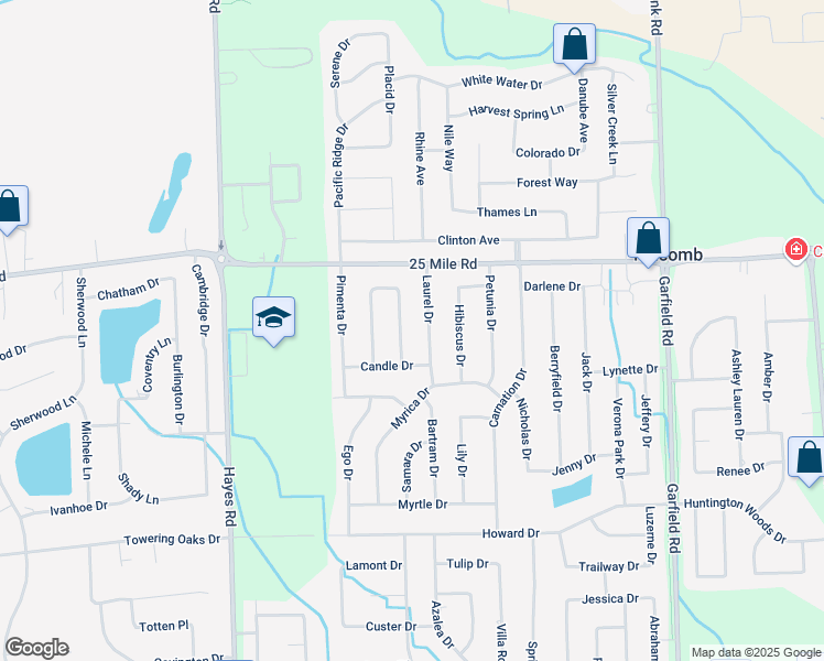 map of restaurants, bars, coffee shops, grocery stores, and more near 54741 Mahogany Drive in Macomb
