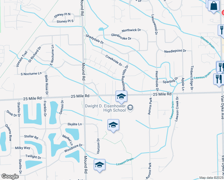 map of restaurants, bars, coffee shops, grocery stores, and more near 6433 25 Mile Road in Shelby Charter Township