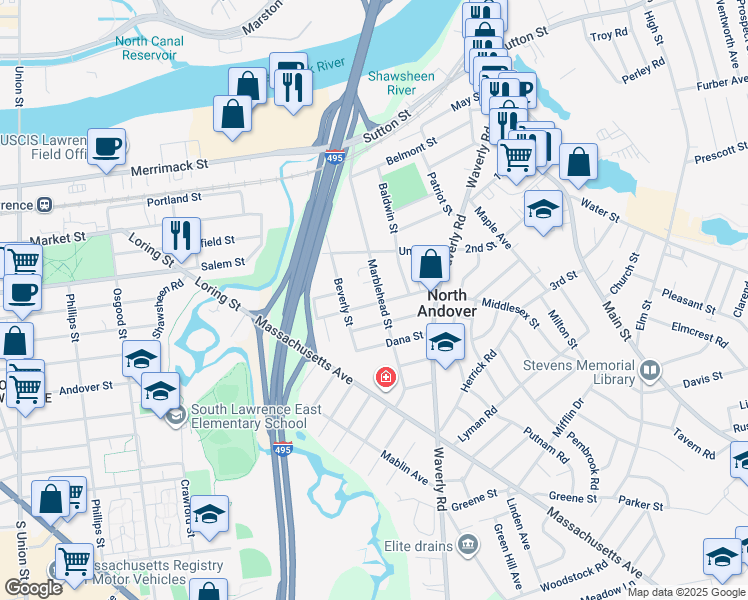 map of restaurants, bars, coffee shops, grocery stores, and more near 261 Middlesex Street in North Andover