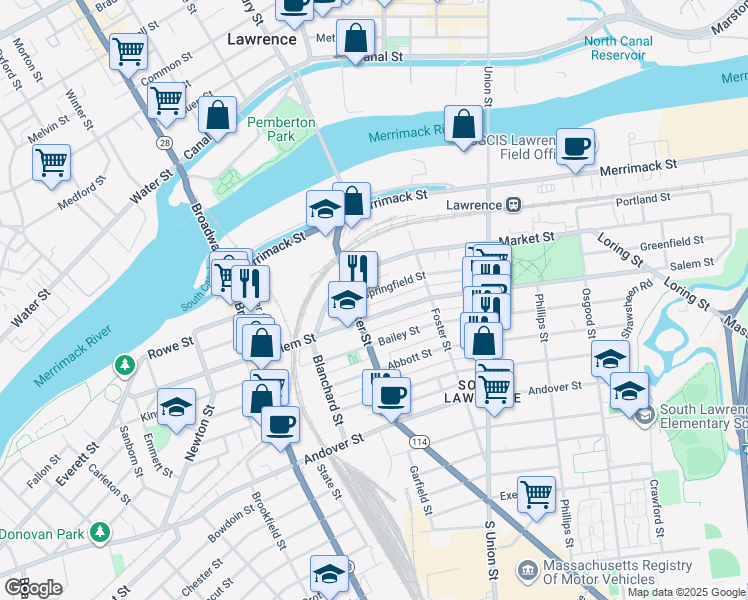 map of restaurants, bars, coffee shops, grocery stores, and more near 9 Springfield Street in Lawrence