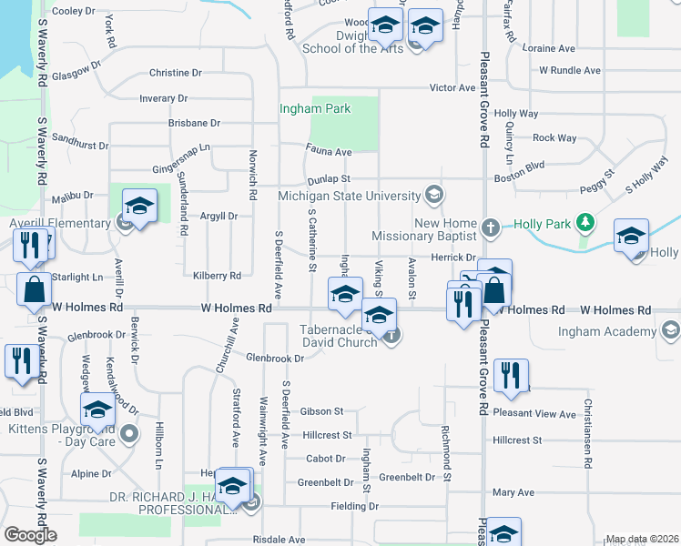 map of restaurants, bars, coffee shops, grocery stores, and more near 3308 Ingham Street in Lansing