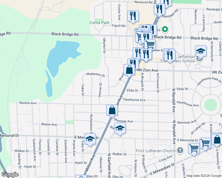 map of restaurants, bars, coffee shops, grocery stores, and more near 1120 Woodman Road in Janesville