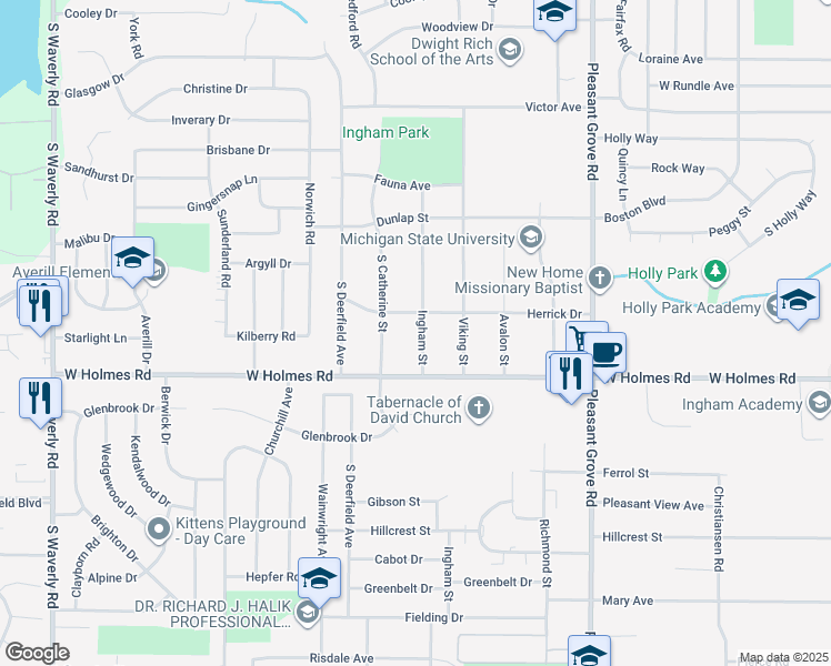 map of restaurants, bars, coffee shops, grocery stores, and more near 3308 Ingham Street in Lansing