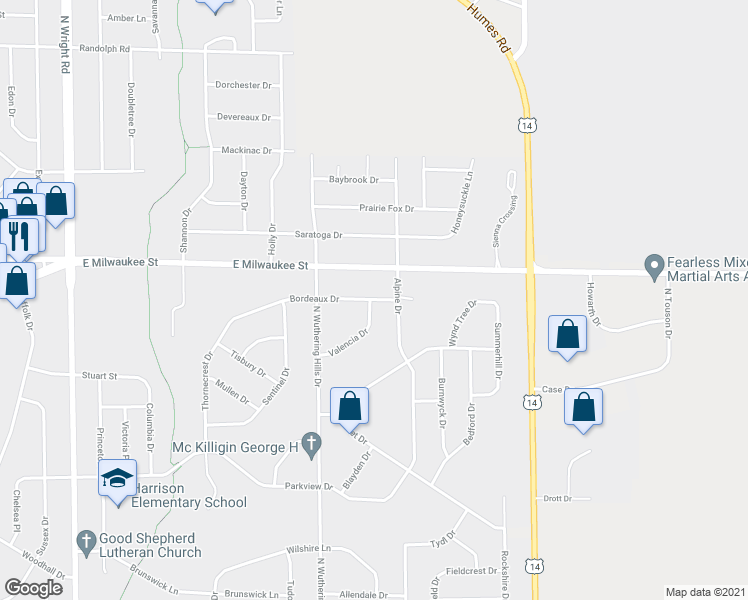 map of restaurants, bars, coffee shops, grocery stores, and more near 4257 Bordeaux Drive in Janesville