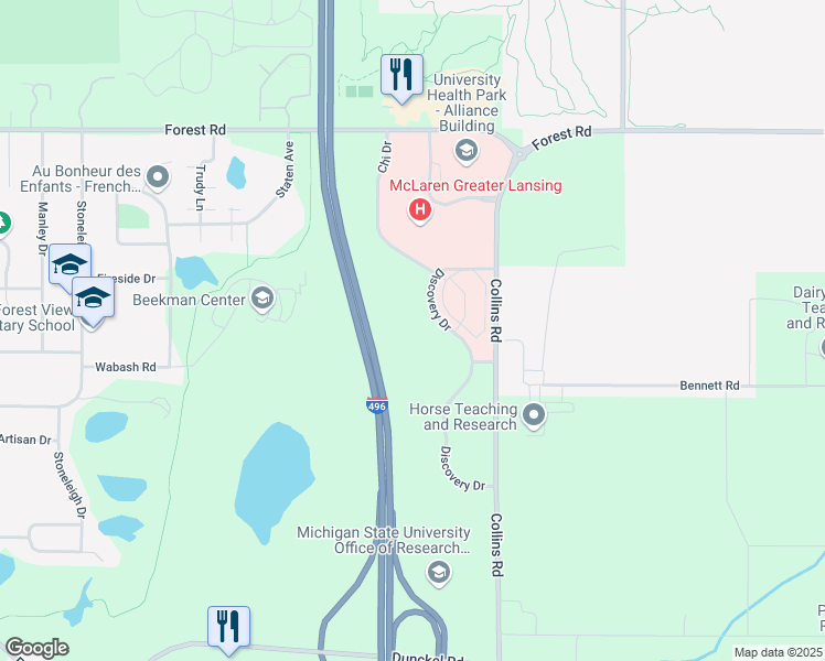 map of restaurants, bars, coffee shops, grocery stores, and more near 3101 Technology Blvd in Lansing