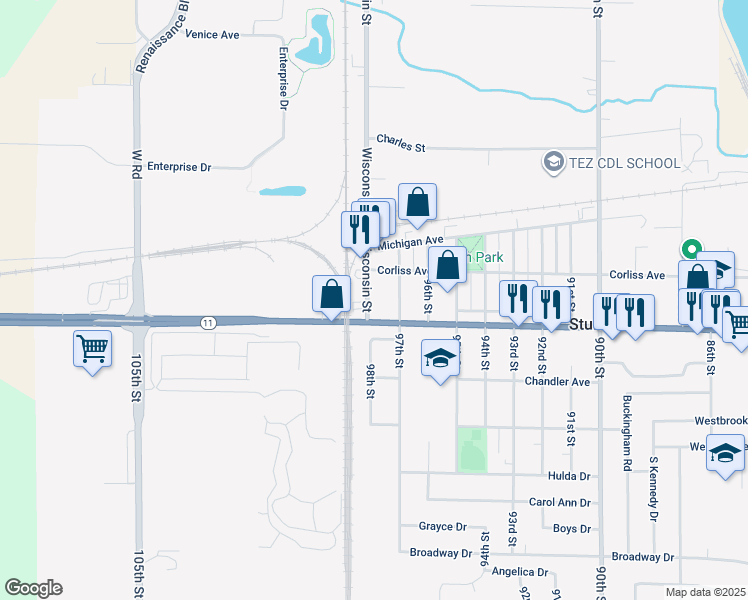 map of restaurants, bars, coffee shops, grocery stores, and more near 2931 Wisconsin Street in Sturtevant
