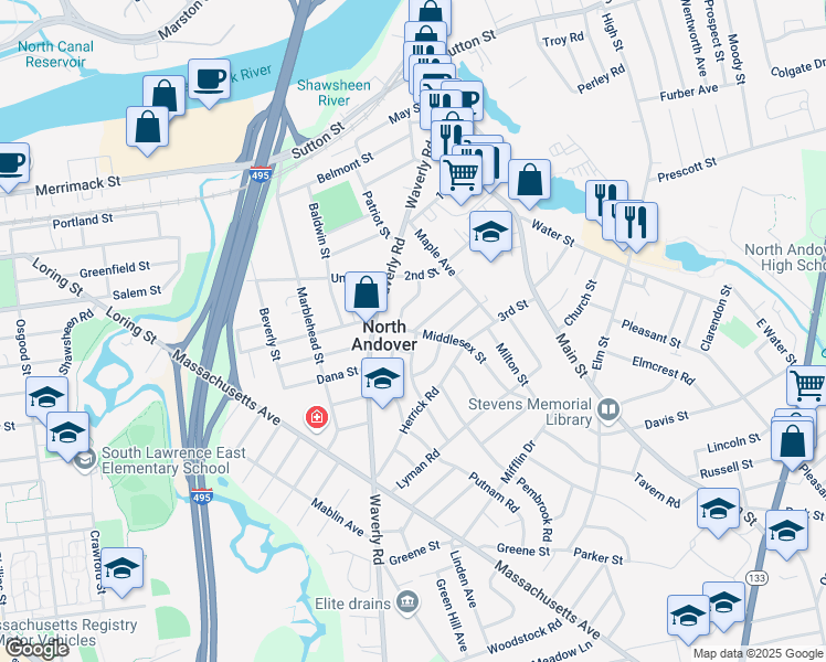 map of restaurants, bars, coffee shops, grocery stores, and more near 59 Stonington Street in North Andover