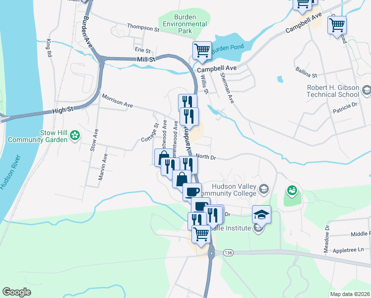 map of restaurants, bars, coffee shops, grocery stores, and more near 63 Vandenburgh Avenue in Troy