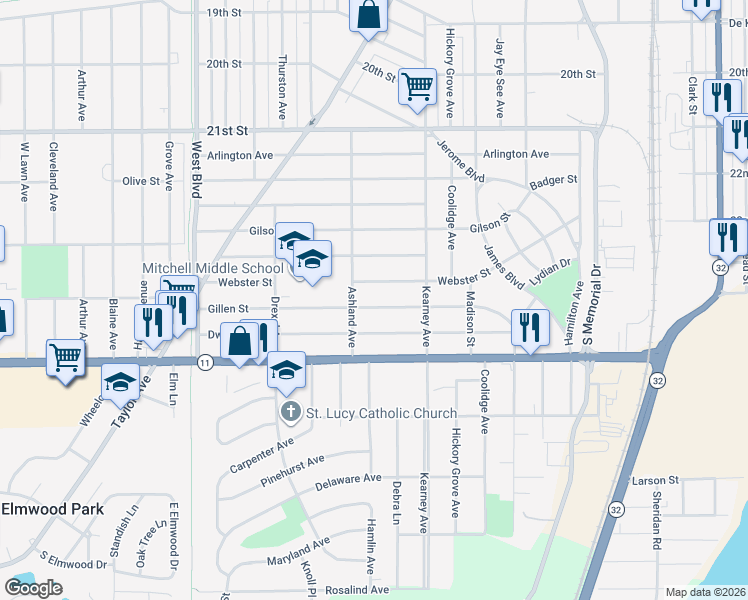 map of restaurants, bars, coffee shops, grocery stores, and more near 2412 Gillen Street in Racine