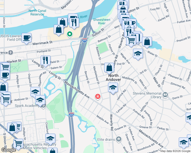 map of restaurants, bars, coffee shops, grocery stores, and more near 123 Marblehead Street in North Andover