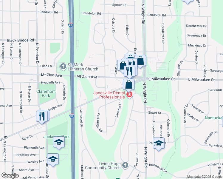 map of restaurants, bars, coffee shops, grocery stores, and more near 3331 East Milwaukee Street in Janesville