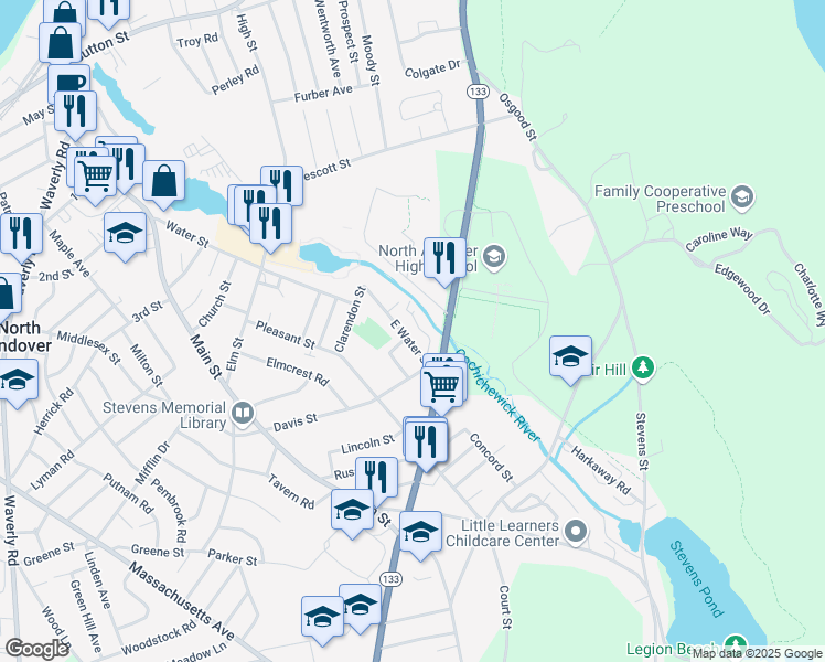 map of restaurants, bars, coffee shops, grocery stores, and more near 76 Water Street in North Andover