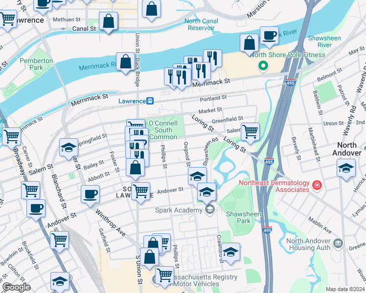 map of restaurants, bars, coffee shops, grocery stores, and more near 47 Osgood Street in Lawrence