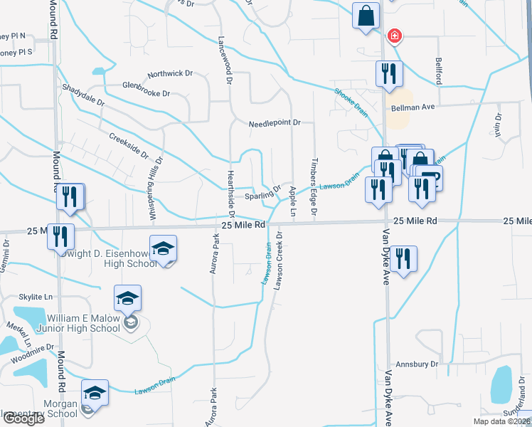 map of restaurants, bars, coffee shops, grocery stores, and more near 7193 25 Mile Road in Macomb County