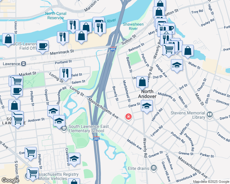 map of restaurants, bars, coffee shops, grocery stores, and more near 114 Beverly Street in North Andover