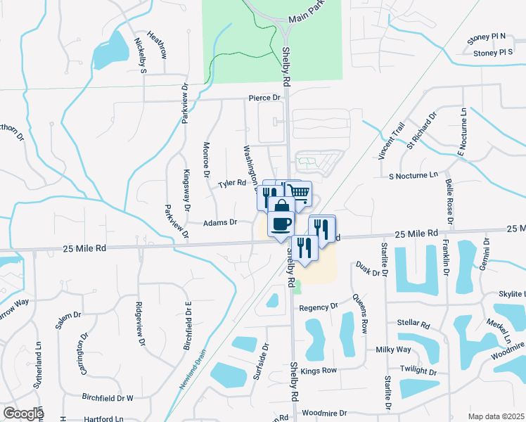 map of restaurants, bars, coffee shops, grocery stores, and more near 55120 Washington Drive in Macomb County