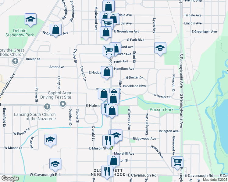 map of restaurants, bars, coffee shops, grocery stores, and more near 3213 South Cedar Street in Lansing