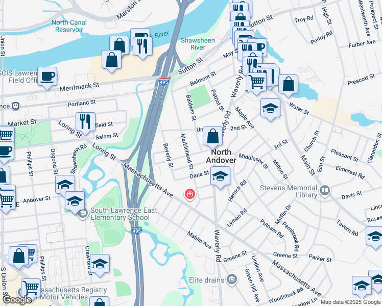 map of restaurants, bars, coffee shops, grocery stores, and more near 261 Middlesex Street in North Andover