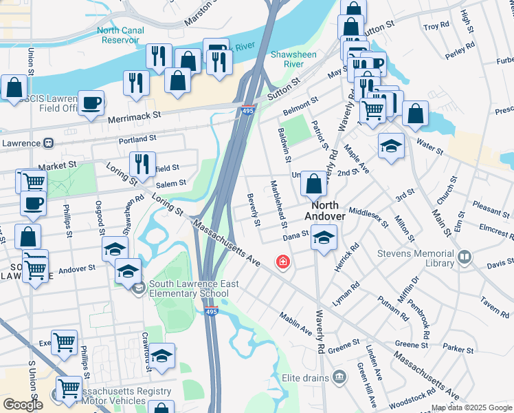 map of restaurants, bars, coffee shops, grocery stores, and more near 114 Beverly Street in North Andover